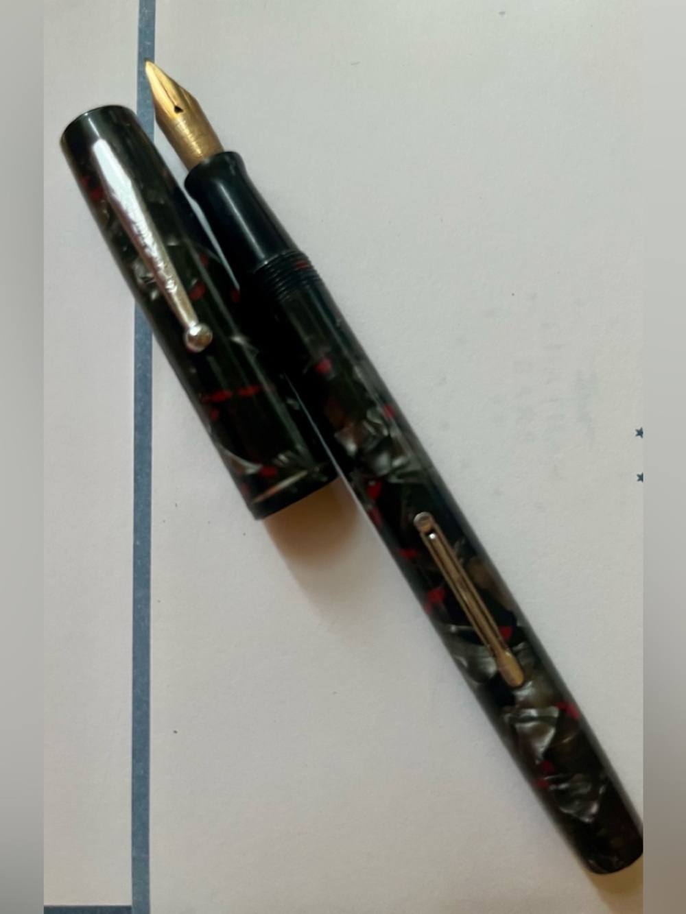 Vintage Waterman Black With Marbled Silver and Red Resin Fountain Pen